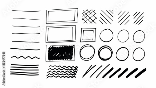 A collection of various hand-drawn sketchy lines, shapes, and patterns for graphic design