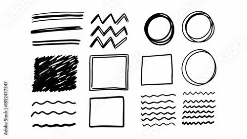 A collection of hand-drawn vector elements including lines, shapes, and doodles for design projects