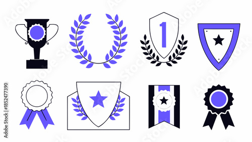 A set of eight achievement and award icons including trophies, medals, and shields