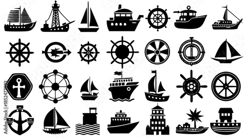 Collection of various nautical and maritime icons and symbols