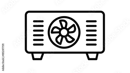 Simple black line icon of outdoor air conditioning condenser unit with fan