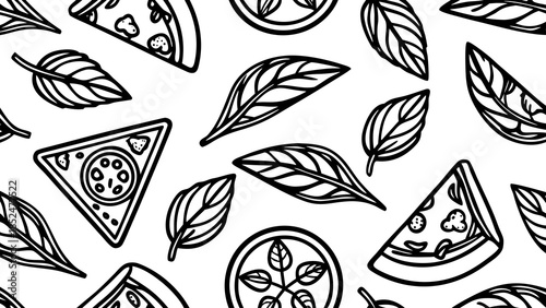 Seamless pattern with hand-drawn pizza slices and basil leaves