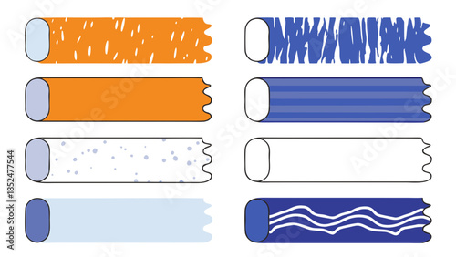 Various textured and colored cylindrical objects