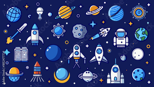 Colorful space exploration objects, planets, rockets, and stars