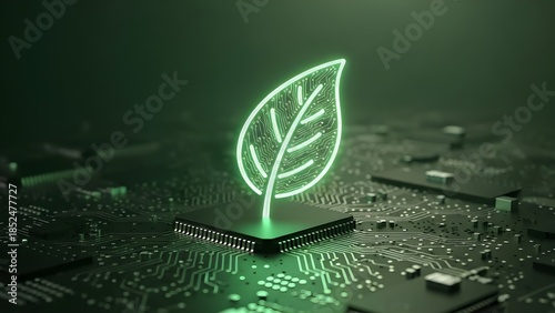 Vibrant green leaf icon glows on a futuristic circuit board, powerfully embodying the concept of sustainable technology, green energy, and environmental responsibility in digital innovation