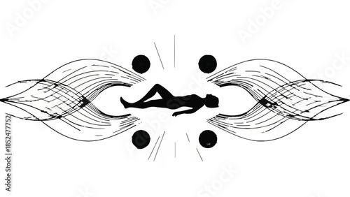 Silhouette of a person in a meditative pose surrounded by abstract energetic waves and circles