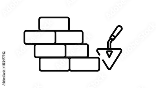 Bricklaying construction icon with trowel and masonry blocks