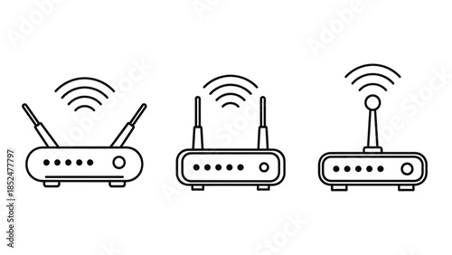 Three wireless router icons with different antenna styles outline
