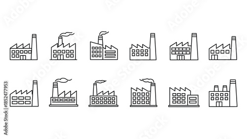 Twelve industrial factory line icons with chimneys and production buildings