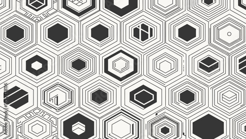 Abstract Hexagonal Geometric Pattern with Diverse Internal Designs.
