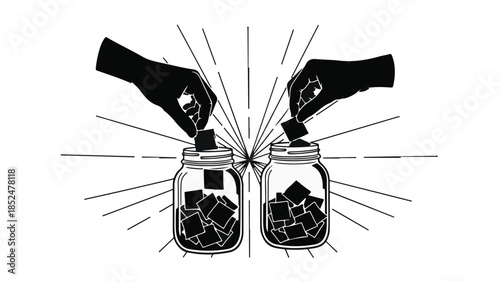 Hands adding small dark cubes into glass jars, symbolizing contribution or sharing ideas.