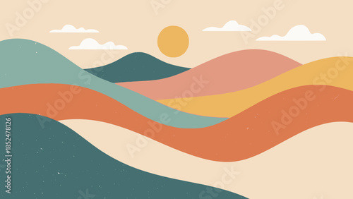 Abstract Landscape with Wavy Hills and Sun.