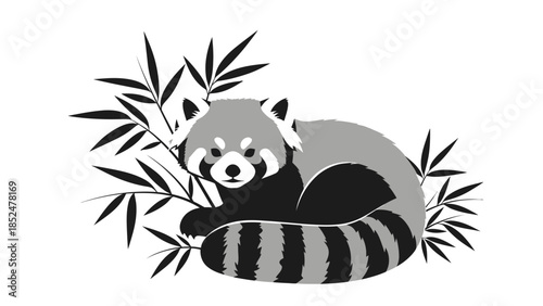 Adorable Red Panda Resting Peacefully Amidst Bamboo Leaves.