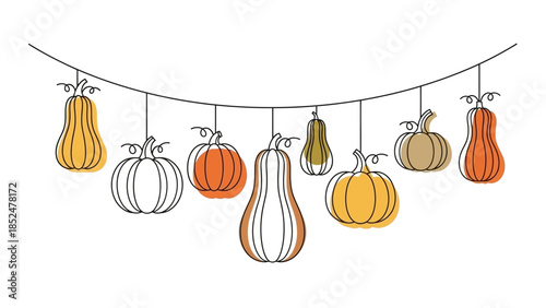 Autumn Pumpkin Garland Continuous Line Art Drawing.