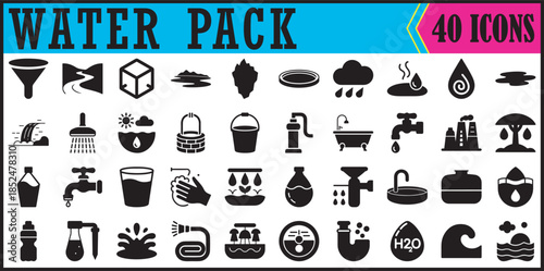 Water Pack Solid Icon Set, Solid style icon collection showing water, drinks, sanitation, and water usage concepts, ideal for UI design, apps, and visual communication.

