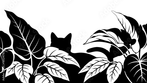 Black cat silhouette peeking through lush tropical leaves.