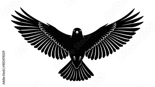 Black Crow with Spread Wings Flying in Mid-Air.