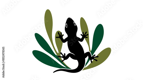 Black Lizard Silhouette with Green and Olive Leaves.