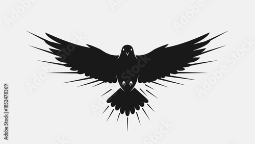 Black Raven Silhouette with Spread Wings and Light Rays.