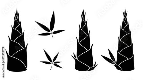 Black Silhouette Bamboo Shoots and Leaves Illustration.