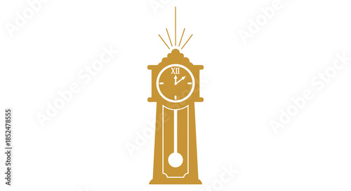 A golden grandfather clock with roman numerals and a pendulum a striking silhouette