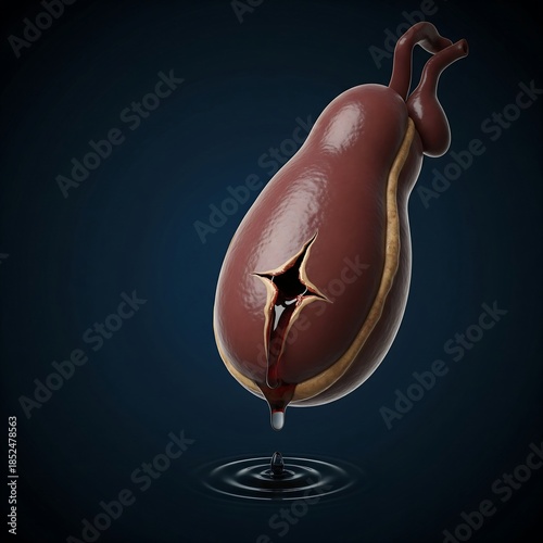 Gallbladder Perforation: A human gallbladder with a small, visible tear or hole on its surface, from which a dark fluid is slowly leaking into the surrounding space. Dark blue background, unsettling, 