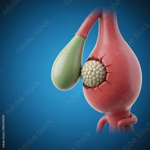 Mirizzi Syndrome: A gallbladder full of stones, where one large stone has eroded through the gallbladder wall and is now compressing the common hepatic duct. Conceptual erosion damage. Blue background