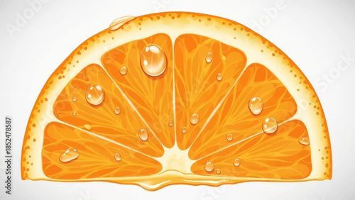 Close up of a juicy orange slice with water droplets.