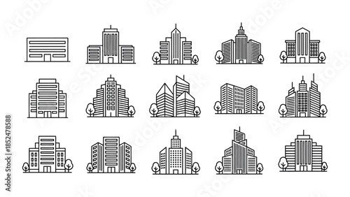 Modern city skyscraper and commercial building line icon collection