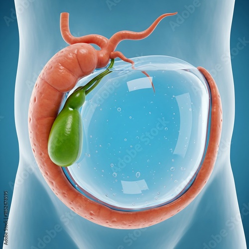 Gallbladder Hydrops/Mucocele: A hugely enlarged, stretched, and taut human gallbladder, filled with clear, non-infectious fluid due to long-term obstruction. Icy blue background, stark clarity, 