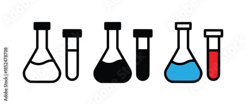 Laboratory glassware icons including flasks and test tubes with various liquid levels and colors