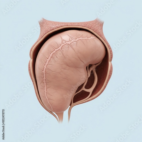 Chronic Cholecystitis: A human gallbladder with a thickened, leathery wall and faint scar tissue crisscrossing its surface, showing long-term damage. Pale blue background, vintage anatomical style, 