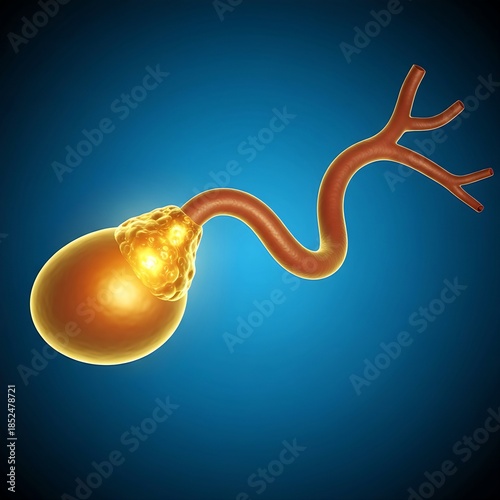 Bile Duct Obstruction: A realistic human gallbladder connected to a major duct where a golden, abstract blockage glows intensely, preventing bile release. Abstract blue background, dramatic contrast, 