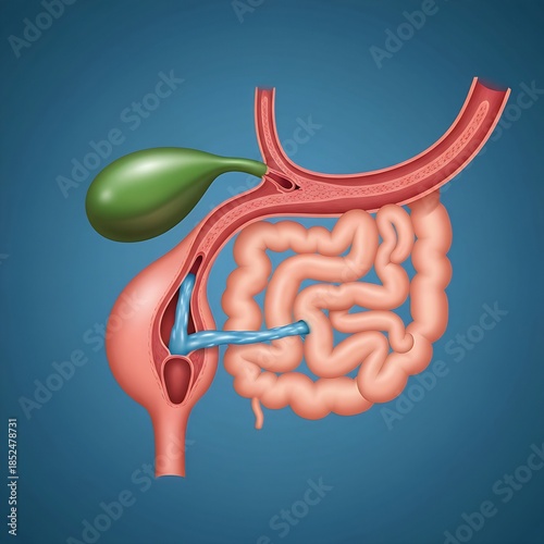 Gallbladder Fistula: The gallbladder shown with an unnatural passage (fistula) connecting it directly to a segment of the adjacent intestine, with fluid flowing through the breach. Medium blue backgro