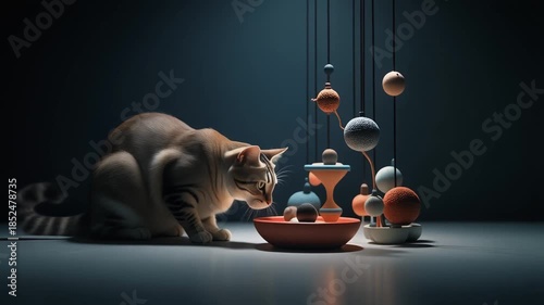 Curious Cat Engages with Minimalist Pet Toy Sculpture in a Sleek, Dark Setting
