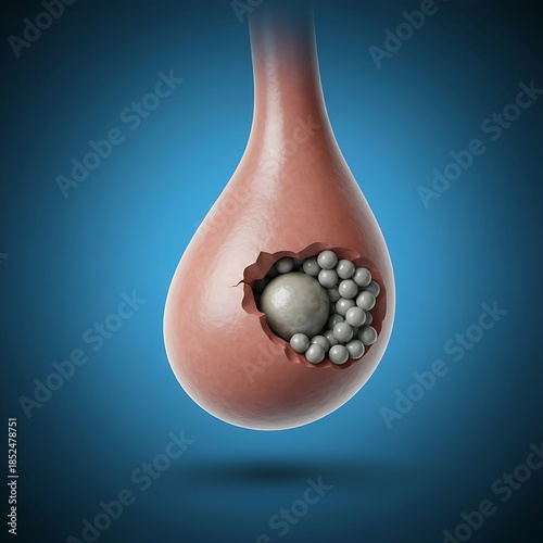 Mirizzi Syndrome: A gallbladder full of stones, where one large stone has eroded through the gallbladder wall and is now compressing the common hepatic duct. Conceptual erosion damage. Blue background