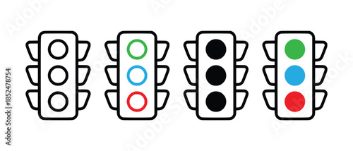 A collection of outlined traffic light icons showing different states and color variations