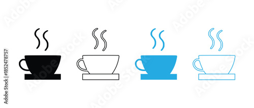 A collection of steaming coffee cup icons in various styles and colors, representing hot beverages