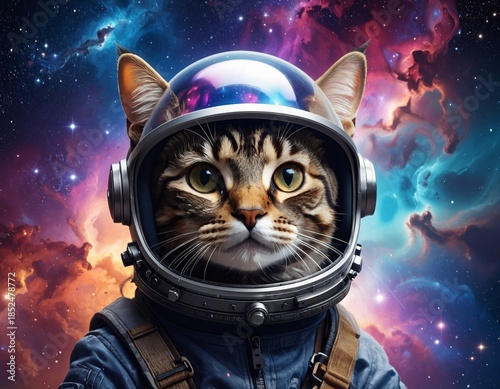 Cat Astronaut In Colorful Spacesuit Exploring Outer Space With Vibrant Nebula Background And Stunning Galaxy