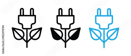 Green energy plug icon set: sustainable power, eco-friendly electricity, and nature-inspired design