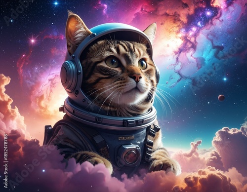 Cat Astronaut In Colorful Spacesuit Exploring Outer Space With Vibrant Nebula Background And Stunning Galaxy