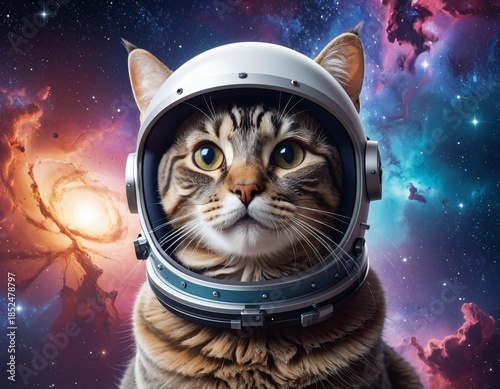 Cat Astronaut In Colorful Spacesuit Exploring Outer Space With Vibrant Nebula Background And Stunning Galaxy