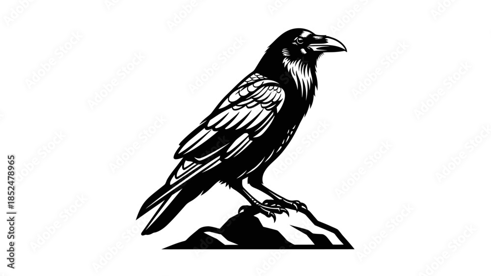 Fototapeta premium Detailed Black and White Illustration of a Raven Perched on a Rock.