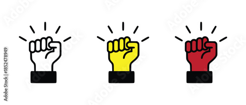 Three stylized fist icons representing strength, power, and determination in different colors