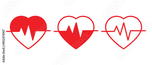 Three red heart icons with integrated heartbeat lines symbolizing health and cardiology