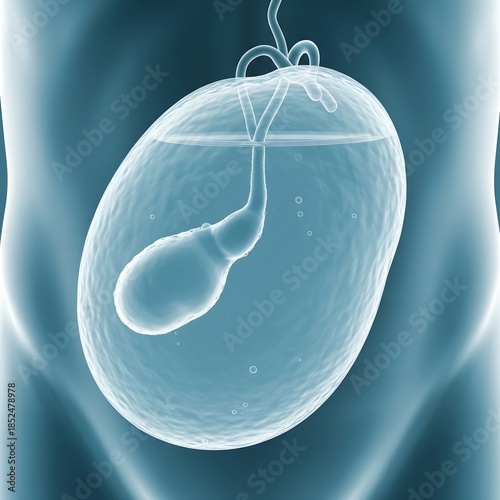 Gallbladder Hydrops/Mucocele: A hugely enlarged, stretched, and taut human gallbladder, filled with clear, non-infectious fluid due to long-term obstruction. Icy blue background, stark clarity, 
