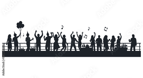 Celebrating a joyful occasion with music and dancing against a city skyline silhouette