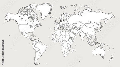 Detailed World Map Outline with Country Borders for Geographic Study.
