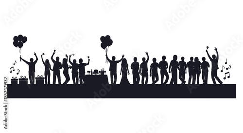 Celebrating a joyful occasion with music and balloons against a city skyline silhouette