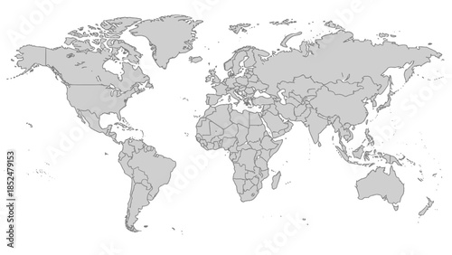 Detailed World Map with Country Borders and Geographic Outlines.